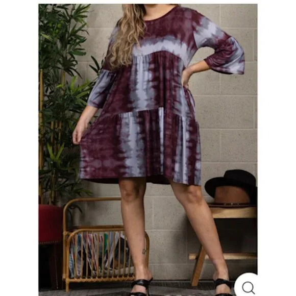 NWOT Burgundy Tie Dye Plus Size Casual Midi Dress with Side  Pockets. Bohemian - Picture 2 of 7